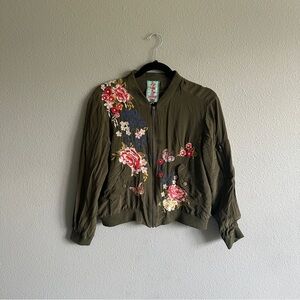 Johnny Was Khaki Floral Embroidered Bomber Jacket